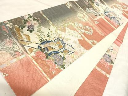 平和屋着物◎六通柄袋帯　唐織　御所車花文　金糸　正絹　逸品　AABL5862yx
