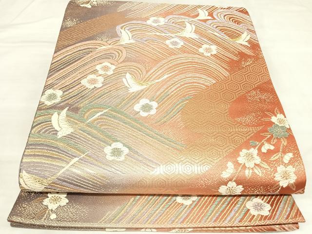 平和屋着物◎六通柄袋帯　唐織　立波飛鶴花文　金糸　正絹　逸品　AABL5865yx