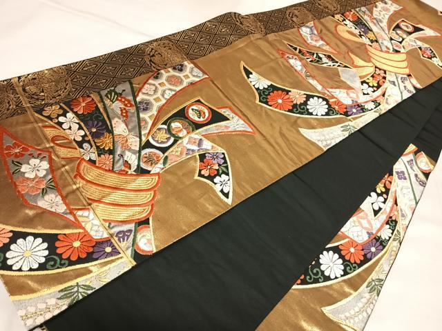 平和屋着物◎六通柄袋帯　唐織　束ね熨斗花蝶文　金銀糸　正絹　逸品　AABL5866yx