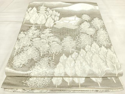 平和屋着物◎六通柄袋帯　遠山風景文　プラチナ箔　正絹　逸品　AABL5876yx
