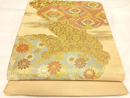 平和屋着物◎六通柄袋帯　雲取り双蝶花文　金糸　正絹　逸品　AABL5877yx