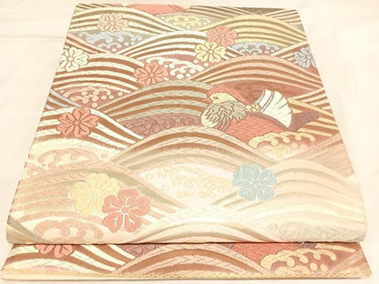 平和屋着物◎六通柄袋帯　唐織　立波鴛鴦花文　金糸　正絹　逸品　AABL5878yx