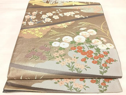平和屋着物◎六通柄袋帯　唐織　草花文　梅　金糸　正絹　逸品　AABL5884yx