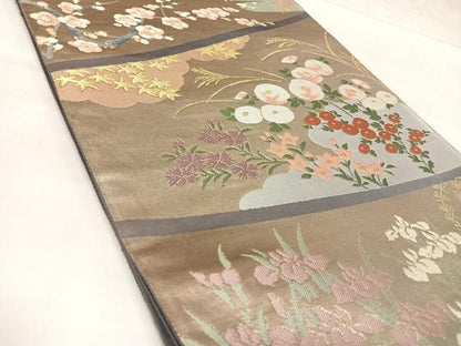 平和屋着物◎六通柄袋帯　唐織　草花文　梅　金糸　正絹　逸品　AABL5884yx