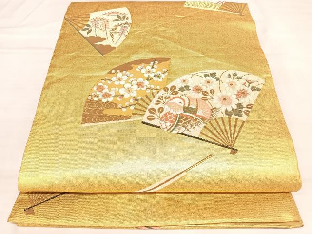 平和屋着物◎六通柄袋帯　扇面花鳥文　金糸　正絹　逸品　AABL5885yx