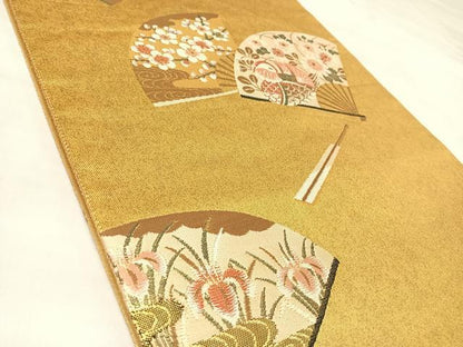 平和屋着物◎六通柄袋帯　扇面花鳥文　金糸　正絹　逸品　AABL5885yx
