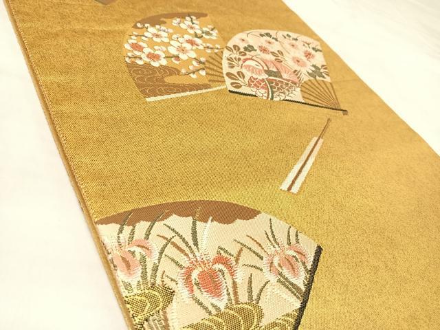 平和屋着物◎六通柄袋帯　扇面花鳥文　金糸　正絹　逸品　AABL5885yx