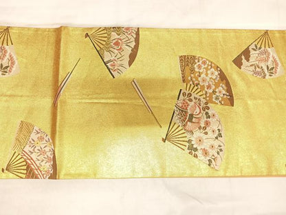 平和屋着物◎六通柄袋帯　扇面花鳥文　金糸　正絹　逸品　AABL5885yx