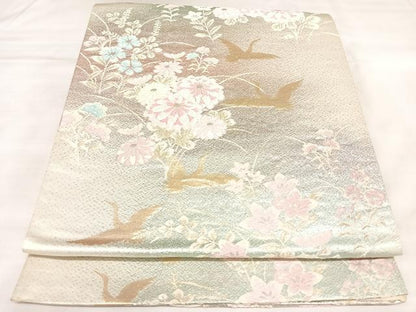 平和屋着物◎六通柄袋帯　唐織　飛鶴草花文　金銀糸　正絹　逸品　AABL5888yx