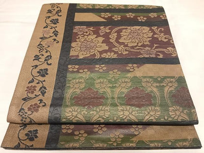 平和屋着物◎六通柄袋帯　横段更紗花文　金糸　正絹　逸品　AABL5889yx