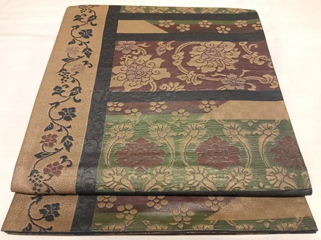 平和屋着物◎六通柄袋帯　横段更紗花文　金糸　正絹　逸品　AABL5889yx