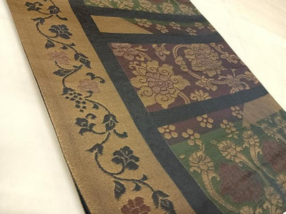 平和屋着物◎六通柄袋帯　横段更紗花文　金糸　正絹　逸品　AABL5889yx