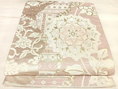 平和屋着物◎六通柄袋帯　唐織　正倉院花文　銀糸　正絹　逸品　AABL5903yx