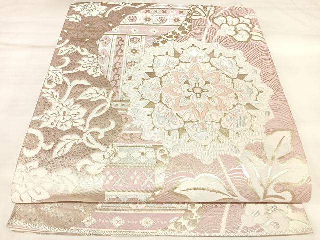 平和屋着物◎六通柄袋帯　唐織　正倉院花文　銀糸　正絹　逸品　AABL5903yx