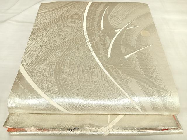 平和屋着物◎両面　全通柄袋帯　唐織　流水飛鶴文　銀糸　正絹　逸品　AABL5904yx