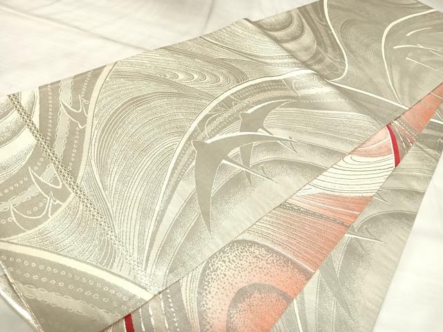 平和屋着物◎両面　全通柄袋帯　唐織　流水飛鶴文　銀糸　正絹　逸品　AABL5904yx