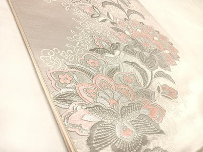 平和屋着物◎六通柄袋帯　唐織　更紗花文　銀糸　正絹　逸品　AABL5909yx