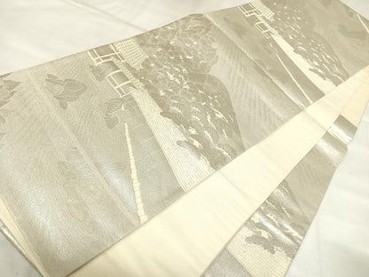 平和屋着物◎六通柄袋帯　唐織　遠山風景文　銀糸　正絹　逸品　AABL5914yx
