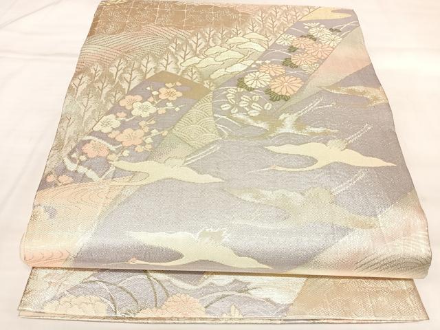 平和屋着物◎六通柄袋帯　松梅飛鶴几帳文　金銀糸　正絹　逸品　AABL5921yx