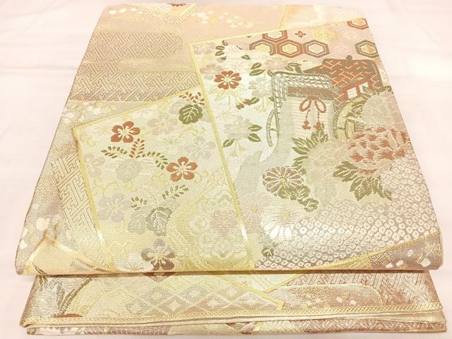 平和屋着物◎佐賀錦　六通柄袋帯　御所車色紙重ね鴛鴦花文　金糸　正絹　逸品　AABL5922yx