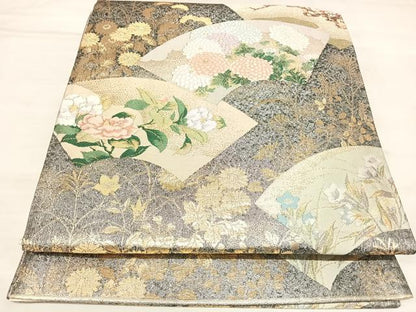 平和屋着物◎六通柄袋帯　唐織　地紙草花文　金銀糸　正絹　逸品　AABL5924yx