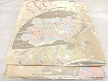 平和屋着物◎六通柄袋帯　唐織　扇面几帳文　銀糸　正絹　逸品　AABL5932yx