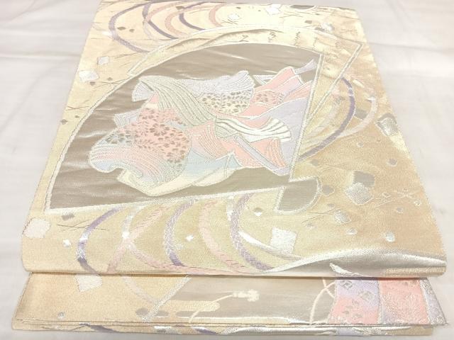 平和屋着物◎六通柄袋帯　唐織　扇面几帳文　銀糸　正絹　逸品　AABL5932yx