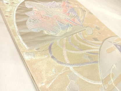 平和屋着物◎六通柄袋帯　唐織　扇面几帳文　銀糸　正絹　逸品　AABL5932yx