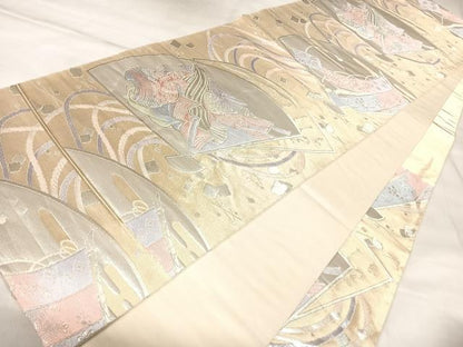 平和屋着物◎六通柄袋帯　唐織　扇面几帳文　銀糸　正絹　逸品　AABL5932yx
