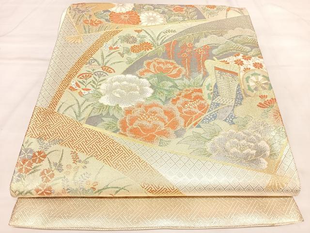 平和屋着物◎宝珠本佐賀錦　六通柄袋帯　扇面御所車花鳥文　九百錦　正絹　逸品　AABL5938yx
