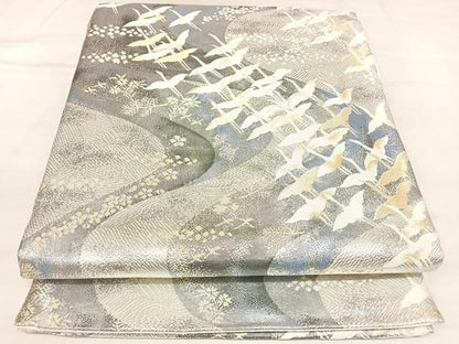 平和屋着物◎佐賀錦　六通柄袋帯　流水群鶴花草文　金銀糸　正絹　逸品　AABL5942yx