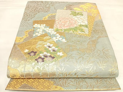 平和屋着物◎六通柄袋帯　色紙重ね草花文　金銀糸　正絹　逸品　AABL5944yx