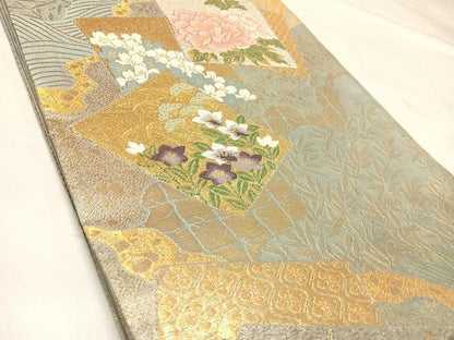 平和屋着物◎六通柄袋帯　色紙重ね草花文　金銀糸　正絹　逸品　AABL5944yx