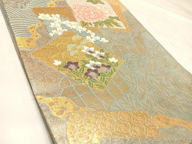 平和屋着物◎六通柄袋帯　色紙重ね草花文　金銀糸　正絹　逸品　AABL5944yx