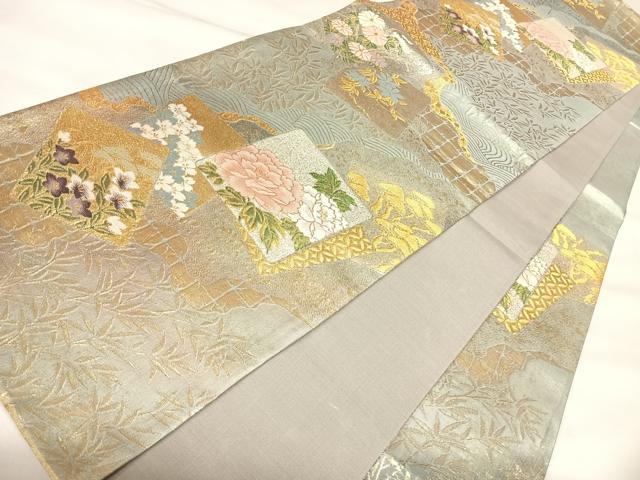平和屋着物◎六通柄袋帯　色紙重ね草花文　金銀糸　正絹　逸品　AABL5944yx