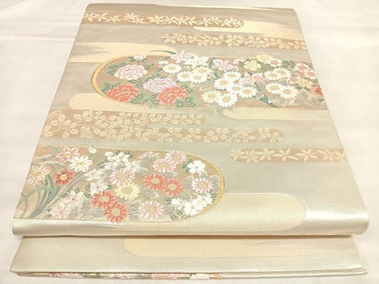 平和屋着物◎六通柄袋帯　唐織　エ霞草花文　金銀糸　正絹　逸品　AABL5946yx