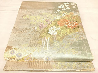 平和屋着物◎六通柄袋帯　唐織　地紙御所車草花文　金銀糸　正絹　逸品　AABL5947yx