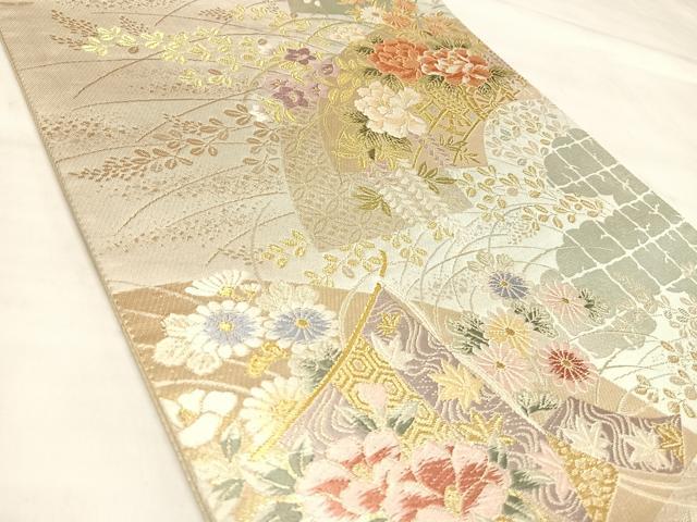 平和屋着物◎六通柄袋帯　唐織　地紙御所車草花文　金銀糸　正絹　逸品　AABL5947yx