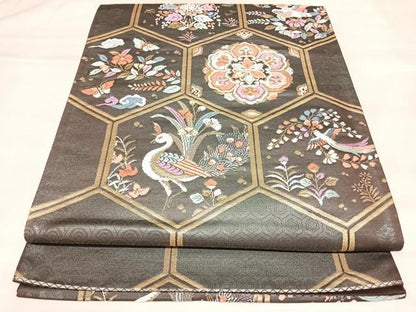 平和屋着物◎六通柄袋帯　唐織　亀甲聚宝文　金糸　正絹　逸品　AABL5948yx