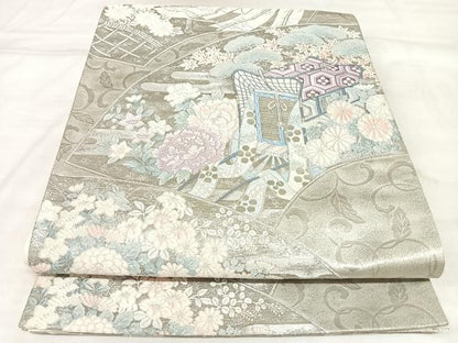 平和屋着物◎六通柄袋帯　唐織　地紙御所車鴛鴦花文　プラチナ箔九百錦　正絹　逸品　AABL5978yx