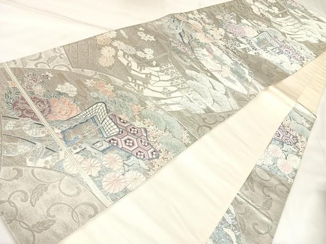 平和屋着物◎六通柄袋帯　唐織　地紙御所車鴛鴦花文　プラチナ箔九百錦　正絹　逸品　AABL5978yx