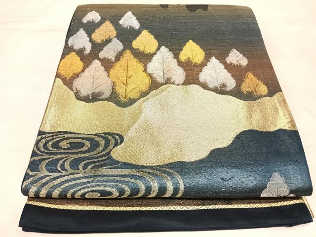 平和屋着物◎六通柄袋帯　流水樹林文　金銀糸　正絹　逸品　AABL5981yx