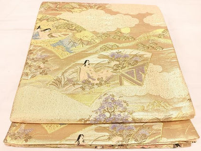 平和屋着物◎六通柄袋帯　唐織　地紙人物風景文　金糸　正絹　逸品　AABL5982yx