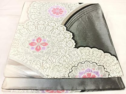平和屋着物◎六通柄袋帯　唐織　道長正倉院花文　銀糸　正絹　逸品　AABL5987yx