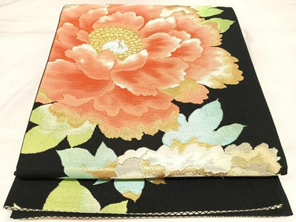 平和屋着物◎六通柄袋帯　唐織　舞花文　黒地　金銀糸　正絹　逸品　AABL5990yx