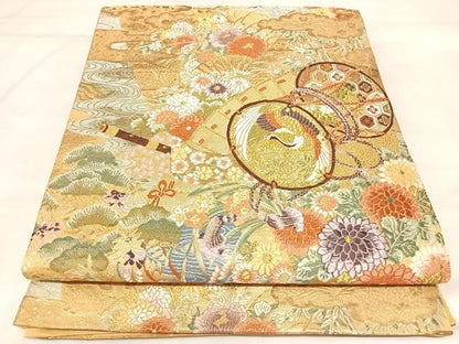 平和屋着物◎六通柄袋帯　唐織　重文扇能楽　国文萬巻錦　金糸　正絹　逸品　AABL5998yx