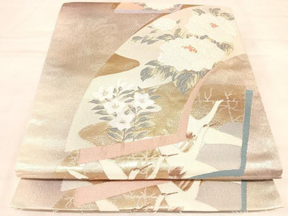 平和屋着物◎六通柄袋帯　唐織　地紙飛鶴草花文　金銀糸　正絹　逸品　AABL6005yx