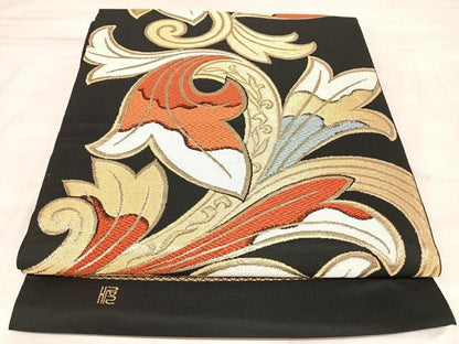 平和屋着物◎六通柄　本袋帯　唐織　舞花文　黒地　金糸　正絹　逸品　AABL6009yx