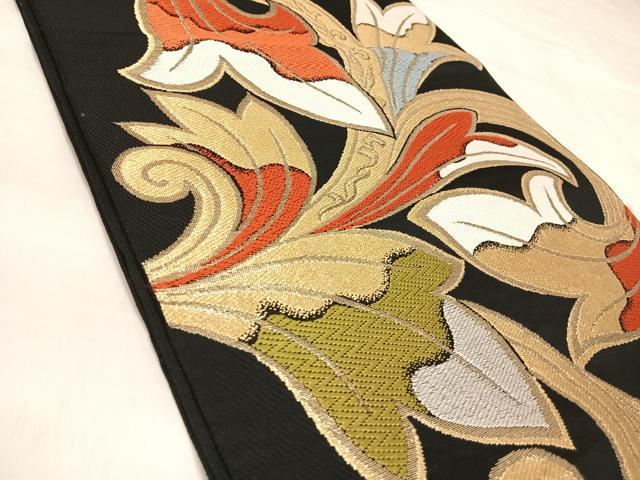平和屋着物◎六通柄　本袋帯　唐織　舞花文　黒地　金糸　正絹　逸品　AABL6009yx