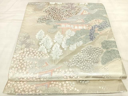 平和屋着物◎六通柄袋帯　唐織　遠山風景文　銀糸　正絹　逸品　AABL6019yx